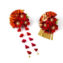 MaitianGuyou 髪飾り 和装 扇型 つまみ細工髪飾り 2点セット ヘアクリップ 花 金色 梅 扇子 成人式 振袖 和服 和装 着物 浴衣(赤）