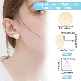 Beebeecraft 200Pcs 24K Gold Plated Stainless Steel Blank Stud Earring Bezel Post with 200Pcs Plastic Ear Nuts for DIY Gold Stud Earrings
