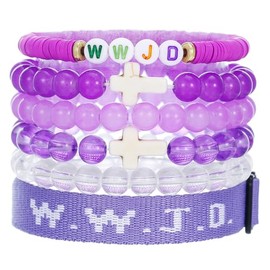 MMIUAEG 6PCS WWJD Adjustable Bracelet Set for Women Men Hand-Woven Inspirational Christian Cross Bracelet Crystal Beaded Wristbands Stackable Bracelets-purple