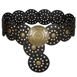 LEACOOLKEY Women's Boho Disc Belt Wide Western Leather Belt Vintage Concho Waist Belts for Dress Jeans