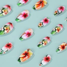 Medium Press on Nails Almond Fake Nails Acrylic Nails Press ons Spring False Nails with Colorful Flower Designs Glossy Glue on Nails Summer Artificial Nails Cute Stick on Nails for Women 24Pcs