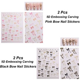 Black Gold Pink Gold Bow Nail Stickers, 5D Embossed Bow Nail Decals Bowknot Nail Art Stickers for Women Acrylic Nail Manicure Accessories