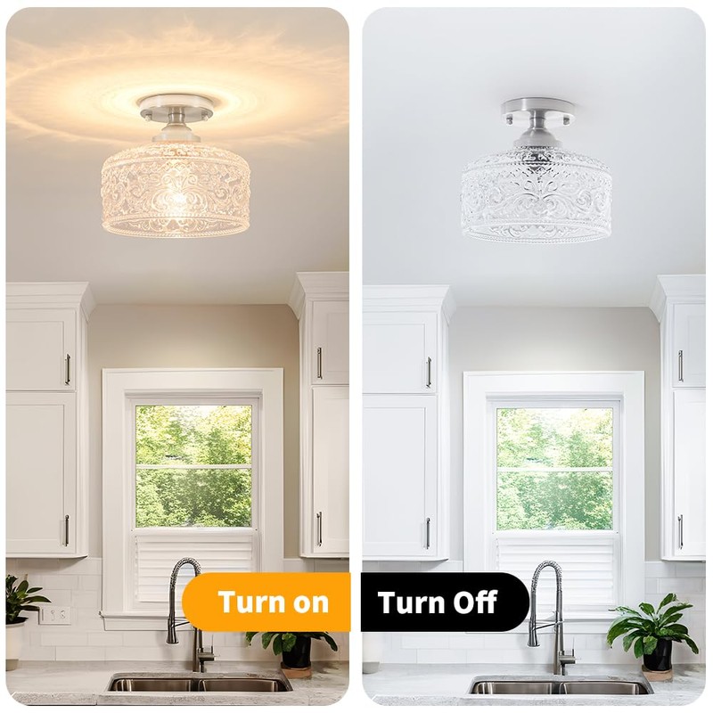 Brushed Nickel Semi Flush Mount Ceiling Light, Antique Ceiling Light