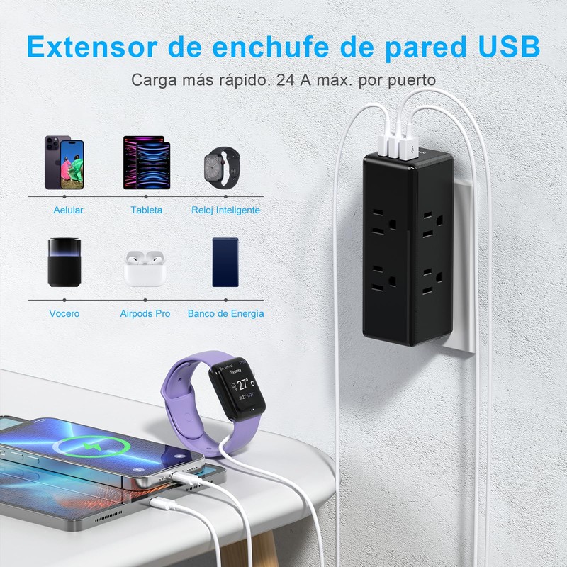 NVEESHOX Regleta Enchufe Multiple, Multicontacto USB con 6 Salidas CA