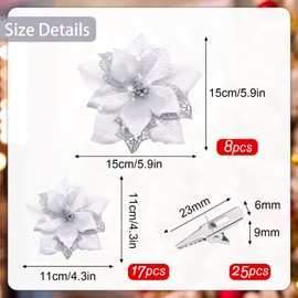 YSUVIN Pack of 25 Christmas Flowers, Christmas Flowers with 25 Clips, Poinsettia Ornaments, Glitter Christmas Tree Decorations, Suitable for Christmas, Wedding, Party, New Year, Silver