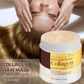 Kollagen Haarmaske 220g, Maca Essenz Arganöl Haarpflege, Tiefenreparatur Kollagen Haarmaske, Starke Feuchtigkeitspflege und Glättung, Für Alle Haartypen