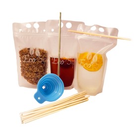 Biodegradable Disposable Drink Pouches by EcoSip – Eco-Friendly w/Gusset Bottom & Reclosable Zipper – Non-Toxic, BPA & Phthalate Free – Hay Straws & Funnel Included (100)
