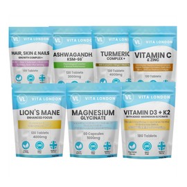 Vita London Super 7 Vitamin Bundle – 7 High Strength Supplements: Ashwagandha KSM-66, Magnesium Glycinate, Lion's Mane, Vitamin C & Zinc, D3 + K2, Turmeric & Ginger, Biotin Complex – Made in UK
