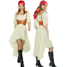 kasahara Pirate Costume Women's Set Medieval Pirate Off Shoulder Dress Outfit with Corset, Stocking, Headscarf, Carnival Full Fancy Dress Costume (Off-White, L)