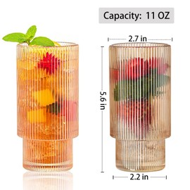 megarte Ribbed Glassware Vintage Drinking Glasses - 11 oz Amber Glassware Stackable Highball Origami Style Glass Cups Fluted Vertical Stripes Tumblers Juice Coffee Wine Cups Set of 6