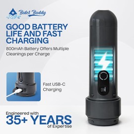 BIDET BUDDY® GoFlow Portable Bidet for Travel - 180ml Bottle with Two Power Modes, Nozzle Wand, IPX6 Waterproof, USB C Charging, 800mAh Rechargeable Battery, Medium Pressure