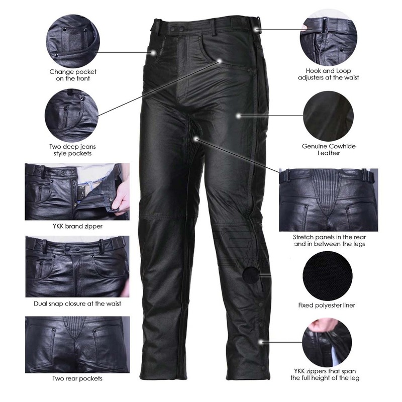 Vance Leather Men's Black Premium Leather Motorcycle Overpants with Side