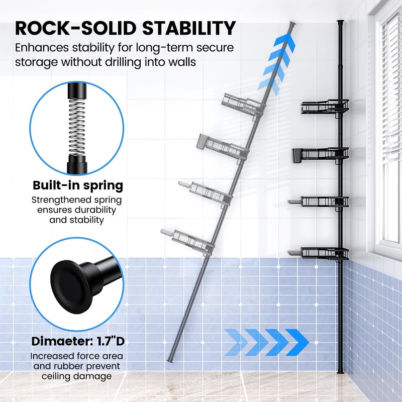 Corner Shower Caddy Tension Pole: 4-Tier Adjustable Rustproof Bathroom Organizer