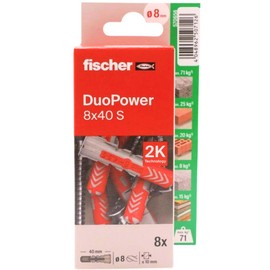 fischer Duopower 8 x 40 with Screw - 8U Wall Anchors Made of Various Materials Suitable for Hanging Bicycles, Pictures, Cabinets, TV Brackets, Shelves, Furniture