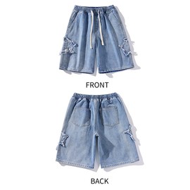 FDKLOOK Womens Shorts Star Patchwork Wide Leg High Rise Drawstring Y2k Tomboy Clothes Baggy Jean Shorts L Blue