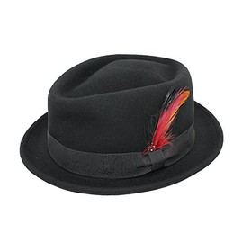 MAZ Foldable Diamond Crown Pork Pie Trilby Hat with Matching Band 100% Wool (XL, Black)