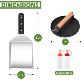 4Pcs Griddle Accessories Kit (Smash Burger Press+Spatula), Joyfair Cast Iron Bacon Grill Press with 18/10 Stainless Steel Hamburger Turner & Squeeze Bottles, for Outdoor BBQ Flattop Teppanyaki