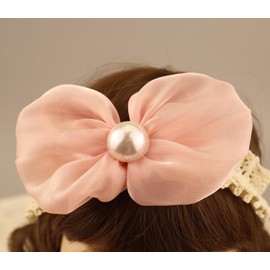 Bethynas Cute Puffy Bowknot Headband for Baby Girls Handmade Lace 3D Bowknot Toddler Elastic Hairband Infant Princess Birthday Party Hair Accessory for Newborn (Style 2 - light pink)