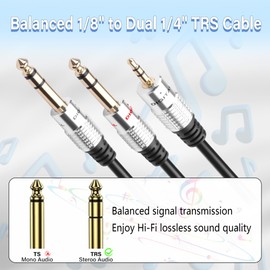 JSADZKJ 3.5mm to Dual 1/4“ TRS Y Split Cable,1/8” Male to Dual 6.35mm Male Stereo Audio Cord,Gold Plated 3.5mm TRS to 1/4 6.35mm (TRS) Connection Cable for Bass Microphone Guitar-1.64Ft