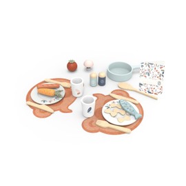 Speedy Monkey Wooden Dining Set - Cute 19-Piece Set Educational Wooden Toys Set | Beautiful Wooden Kitchen Accessories | Sustainable & Safe Kids Kitchen Accessories. Safe, Smooth Edges Non Toxic Paint