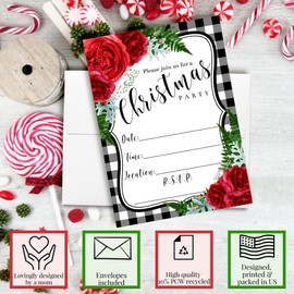 Christmas Invitations with Envelopes – Watercolor Red Floral With Greenery Christmas Holiday, 4 Pack 5x7 Double Sided Fill-In Invite Cards with Four White Envelopes Perfect for Holiday Parties