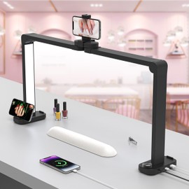 DLITISH Nail Desk Lamp for Nail Tech, Foldable 34in 48W Half Moon Light with Phone Holder and USB Charging Port, 3 Color Temperature Dimmable LED Nail Light (Black)