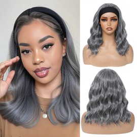 Nayominia Grey Headband Wigs For Black Women Short Wavy Headband Wig 14 Inch Glueless Wig Heat Resistant Fibers Synthetic Hair Natural Look