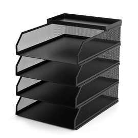 Organizador de papel de 4 niveles para escritorio, bandejas de archivos apilables, bandeja de malla metálica de carga frontal y soportes apilables, or