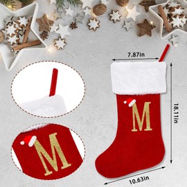 ALIBBON 20 Inches Monogram Christmas Stockings with Initials Large Red Velvet Stockings with White Super Soft Plush Cuff Gold Letter Stockings for Fireplace Christmas Decor (Letter M)