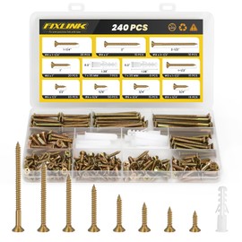 Wood Screws Assortment Kit, FIXLINK 240 PCS High Hardness Flat Head Wood Screws Set, Phillips Drive Assorted Screws, Contain Anchors and 8 Size (2-1/2”,2”,1-1/2”,1-1/4”,1”,3/4”,5/8”,1/2”), Yellow Zinc
