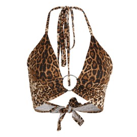 Anna-Kaci Women USA Flag Halter Backless Camis Streetwear Club Patchwork Camisole Crop Top, Leopard, Medium