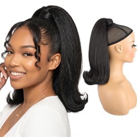 Wrap Around Ponytail Extension for Black Women 14 Inch Yaki Straight Ponytail Natural Looking Synthetic Hairpiece with Soft Flipped Ends for Daily Wear (Soft Black #2)