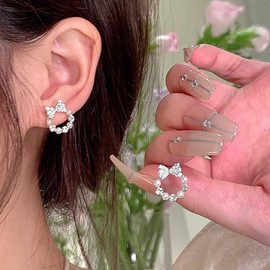 Yheakne Vintage Crystal Bow Pearl Hoop Earrings Silver Cz Bow Stud Earrings Full Rhinestone Bow Earrings Crystal Circle Earrings Jewelry for Women