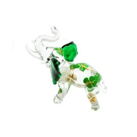 Handmade Mini 2" Green Lucky Elephant Figures Blown Glass Art with Flower/Fantasy Collectible Figurines/Miniature Wild Animals/Ornament Cool Stuff Decor No.7