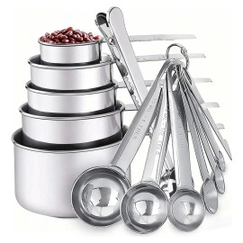 Cucharas Medidoras y Tazas medidoras, Acero Inoxidable, Juego de 13 Tazas y Cuchara Medidora Graduadas de Precisión Apilables, Cucharas Medidoras de Cocina para Sólidos Líquidos y Polvos