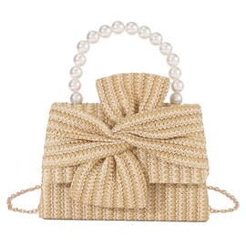 Elegant Straw Evening Bag Women Mini Bow Top Handle Satchel Style Clutch Handbags Cross Body Chain Strap Tote Purse