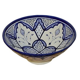 Treasures Of Morocco Ceramic Bowls Moroccan Handmade Serving Piece With Vivid Colors 8 inches in Diameter White & Blue