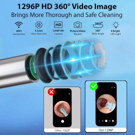 JEGOAT Ear Wax Removal Kit Tool Otoscope w/ 1296P HD Camera, 6 LED Lights, 10 Ear Picks
