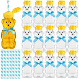 Honeydak 16 Pack Bear Straw Honey Cup for Baby 8 oz Bear Drinking Honey Bottles Empty Plastic Squeeze Bottles with Flip Top Lid Bow Jar Containers for Baby Shower Birthday Party Decoration(Blue)