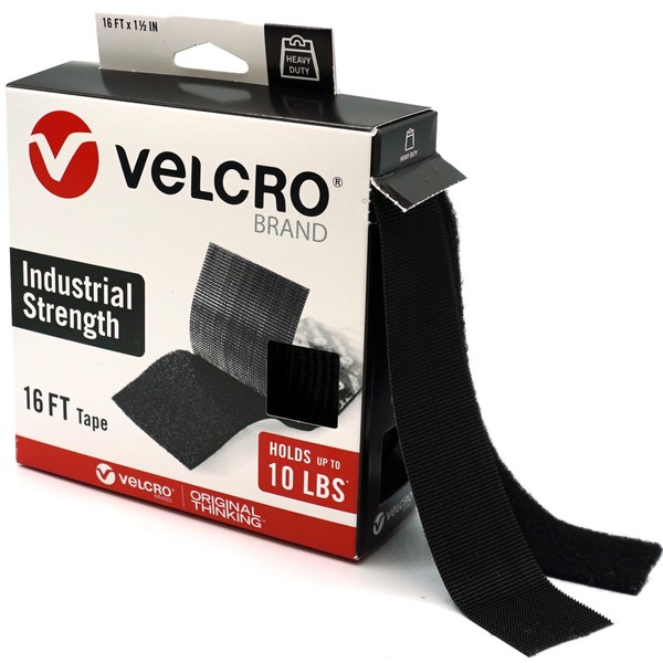 VELCRO Brand Heavy Duty Tape | 16 Foot Roll | Strong Sticky Back Adhesive Holds up to 10 lbs | Industrial Strength Fasteners for Indoor or Outdoor Use | 1-1/2in Width, Black (VEL-30838-USA)