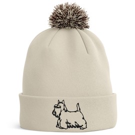 Scottish Terrier Embroidered Bobble Hat Dog Owners Gifts Puppy Terrier Walking Warm Winter Beanie Hat Womens, One Size, Off White/Mocha