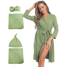 WINROLA Maternity Robe with Matching Swaddle Set, Mommy Me Set Soft Women Maternity Sleepwear Bathroom Long Sleeves Robe (US, Alpha, X-Large, Regular, Regular, YFA31GREEN5)