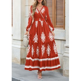 PRETTYGARDEN Women's 2025 Fall Wedding Guest Dresses Boho Floral Long Sleeve V Neck Flowy Elegant Maxi Dress Beach Clothes (Floral Brick Red White,Medium)