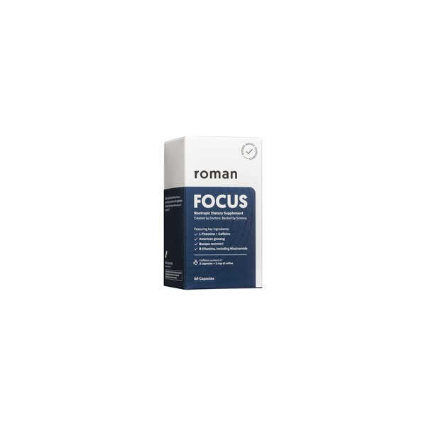Roman Focus | Nootropic Dietary Supplement Supports Calm Energy and Concentration with Caffeine, L-Theanine, American Ginseng, and Bacopa Monnieri | 30-Day Supply (60 Tablets)