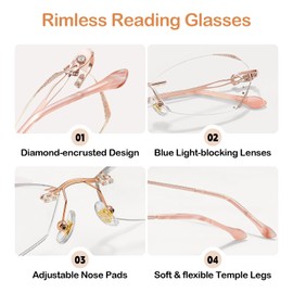 Lumiha Lady Rimless Reading Glasses HD Blue Light Blocking, Lightweight & Diamond design, Anti Eyestrain, Rose Gold Frame (Rose Gold, 1.5, x)