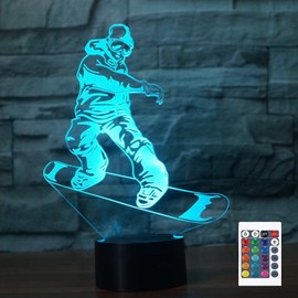 SUPERIORVZND 3D Fancy Snowboarding Night Light Remote Control Power Touch Table Desk Optical Illusion Lamps 16 Color Changing Lights Home Decoration Xmas Birthday Gift
