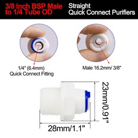 sourcing map Quick Connection Water Purifier Pipe Fitting Push in to Connect Water Hose Connector for RO Reverse Osmosis System Straight, 3/8 Inch BSP Male -1/4 Inch (6.4 mm) Tube OD