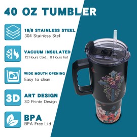 Gome 40 oz Christian Tumbler with Handle - Insulated Stainless Steel Floral Cross Cup with Lid and Straw - Keeps Drinks Cold and Hot, Biblical Gifts for Women - Hand Wash Only