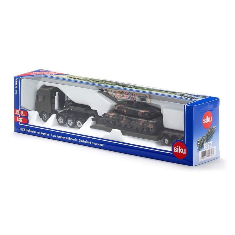 siku 1872, Tieflader mit Panzer, Metall/Kunststoff, 1:87, Abnehmbarer Auflieger, Aufkleberset