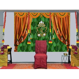 Indian Pooja Traditional Festival Backdrop Marigold Green Banana Leaf Ganesh Background Puja Ganpati Wedding Party Decorations Photo Props 2.1 x 1.5 m